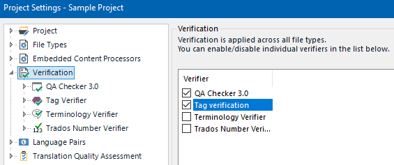 Trados Studio Project Settings window showing Verification section with Tag verification checkbox ticked under Verifier.
