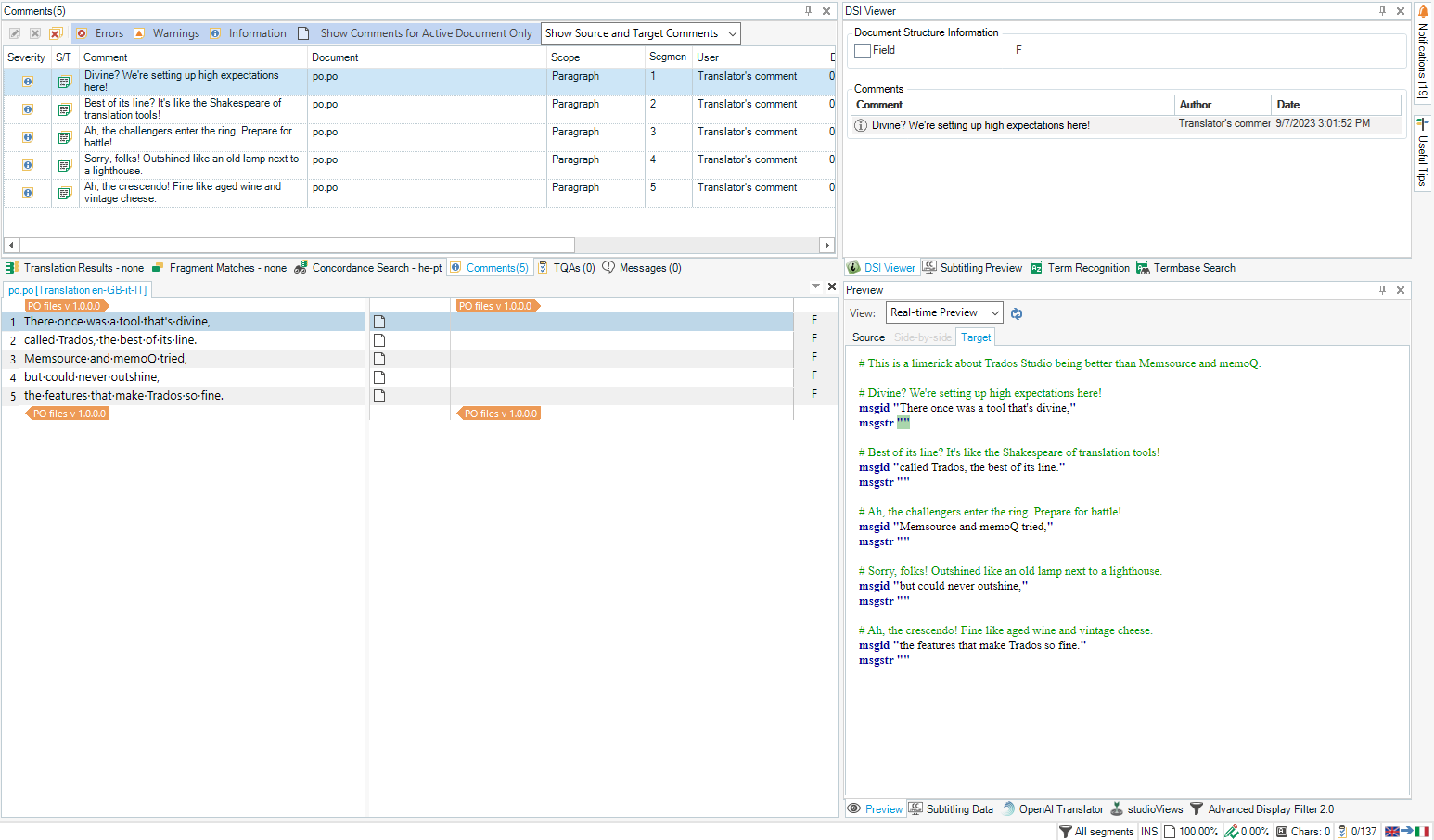 Trados Studio interface showing Comments pane with translator's comments for a PO file, and DSI Viewer displaying context info and comments for active segment.