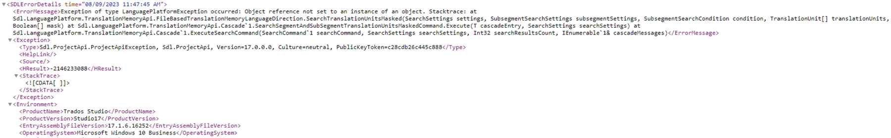 Error message in Trados Studio 2022 SR1 stating 'Object reference not set to an instance of an object' with a stack trace reference to TranslationMemoryApi and ProjectApi components.