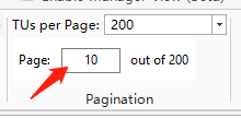 Screenshot showing the pagination section in Trados Studio with 'Page: 10' entered but no response upon pressing enter.