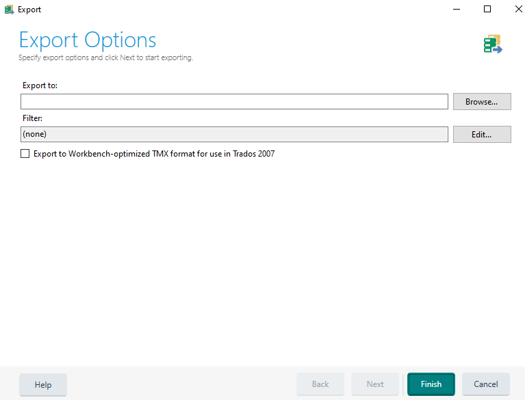 Trados Studio Export Options dialog with an empty 'Export to:' path box and a 'Browse...' button to the right. No default path or file name is prefilled.