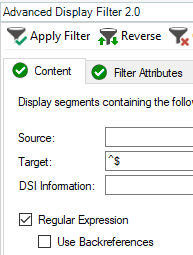 Trados Studio Advanced Display Filter 2.0 with Content tab active, showing Target field with caret dollar sign entered and Regular Expression checkbox ticked.