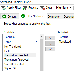 Trados Studio Advanced Display Filter 2.0 with Filter Attributes tab active, showing Status category with Translated selected under Selected column.
