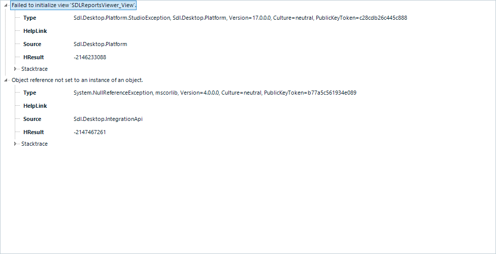 Error message displaying 'Failed to initialize view SDLReportsViewer_View' with details of the exception type, source, HRESULT, and stack trace for Trados Studio.