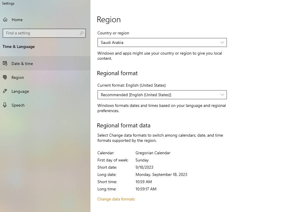 Windows settings showing Region settings with Country or region set to Saudi Arabia and Regional format set to English (United States).