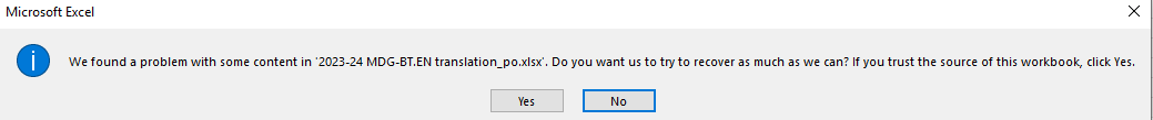 Microsoft Excel error message stating 'We found a problem with some content in 2023-24 MDG-BT.EN translation_po.xlsx'. It prompts to recover as much as possible with Yes or No options.