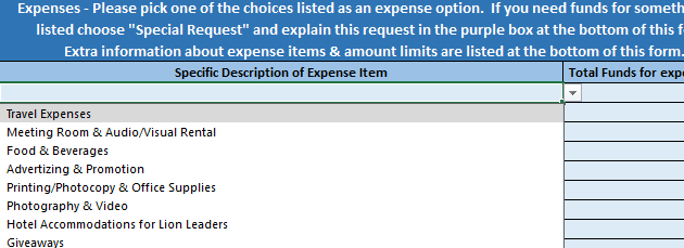 Screenshot of an Excel file opened in Trados Studio showing a list of expense items with dropdown options for specific descriptions.