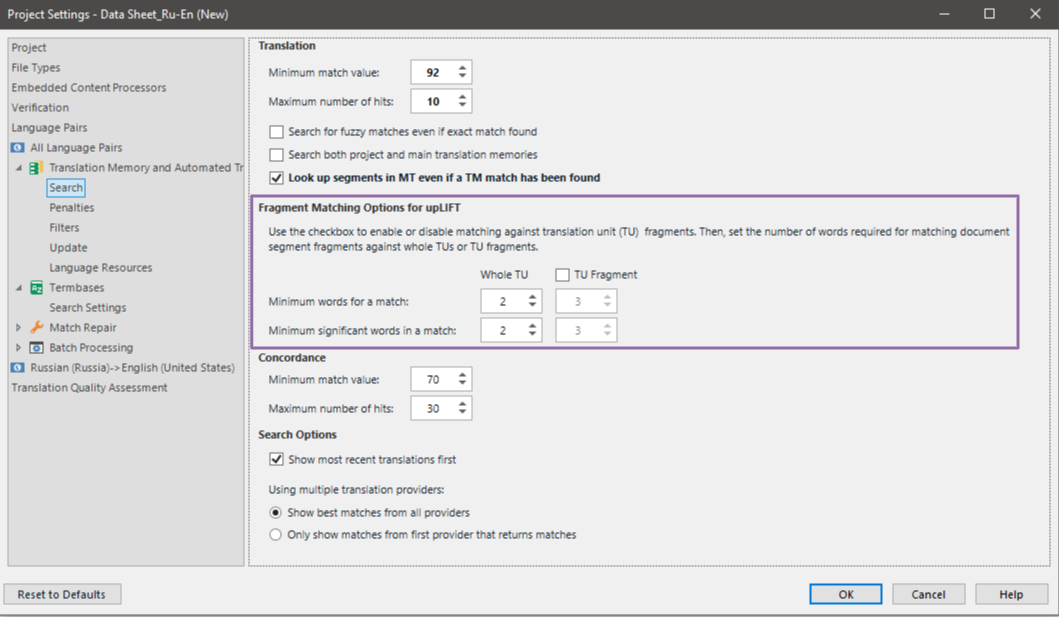 Trados Studio Project Settings dialog with Fragment Matching Options for upLIFT highlighted, indicating settings for matching translation unit fragments.