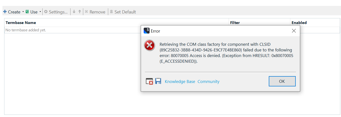 Screenshot of Trados Studio error message: 'Retrieving the COM class factory for component with CLSID xxxxxxxx-xxxx-xxxx-xxxx-xxxxxxxxxxxx failed due to the following error: 80070005 Access is denied. (Exception from HRESULT: 0x80070005 (E_ACCESSDENIED)).' with an OK button.