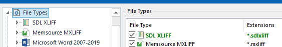 Trados Studio File Types settings showing a list with 'SDL XLIFF' and 'Memsource MXLIFF' among others. The checkbox for 'Memsource MXLIFF' is ticked.