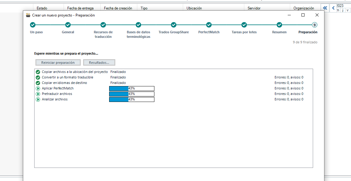 Trados Studio 2022 project creation window stuck at 43% during the 'Apply PerfectMatch' step with no errors or warnings displayed.