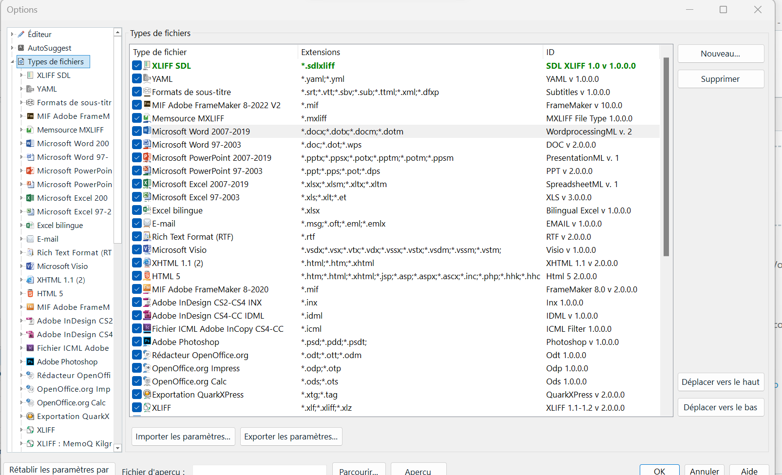 Trados Studio options window showing file types settings with various file formats and their extensions listed, such as XLIFF SDL, YAML, and Microsoft Word 97-2003. No visible errors or warnings.