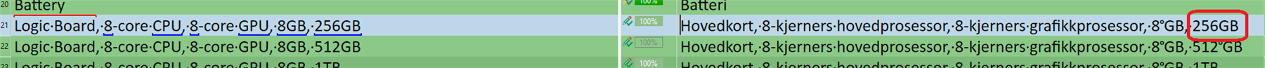 Screenshot showing Trados Studio interface with segment 21 highlighted, missing a hard space before '256GB'.