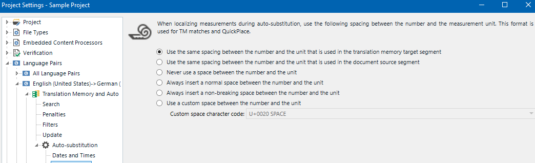 Trados Studio Project Settings window showing Auto-substitution options for localizing measurements with various spacing choices between numbers and units.