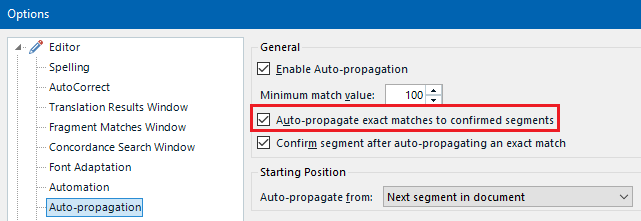 Trados Studio Options menu showing Editor settings with Auto-propagation section. Checkbox for 'Auto-propagate exact matches to confirmed segments' is ticked.