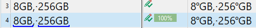 Screenshot showing Trados Studio 2022 interface with segment number 3 and 4. Segment 3 text '8GB, 256GB' auto-propagated to segment 4. A green checkmark indicates 100% match.