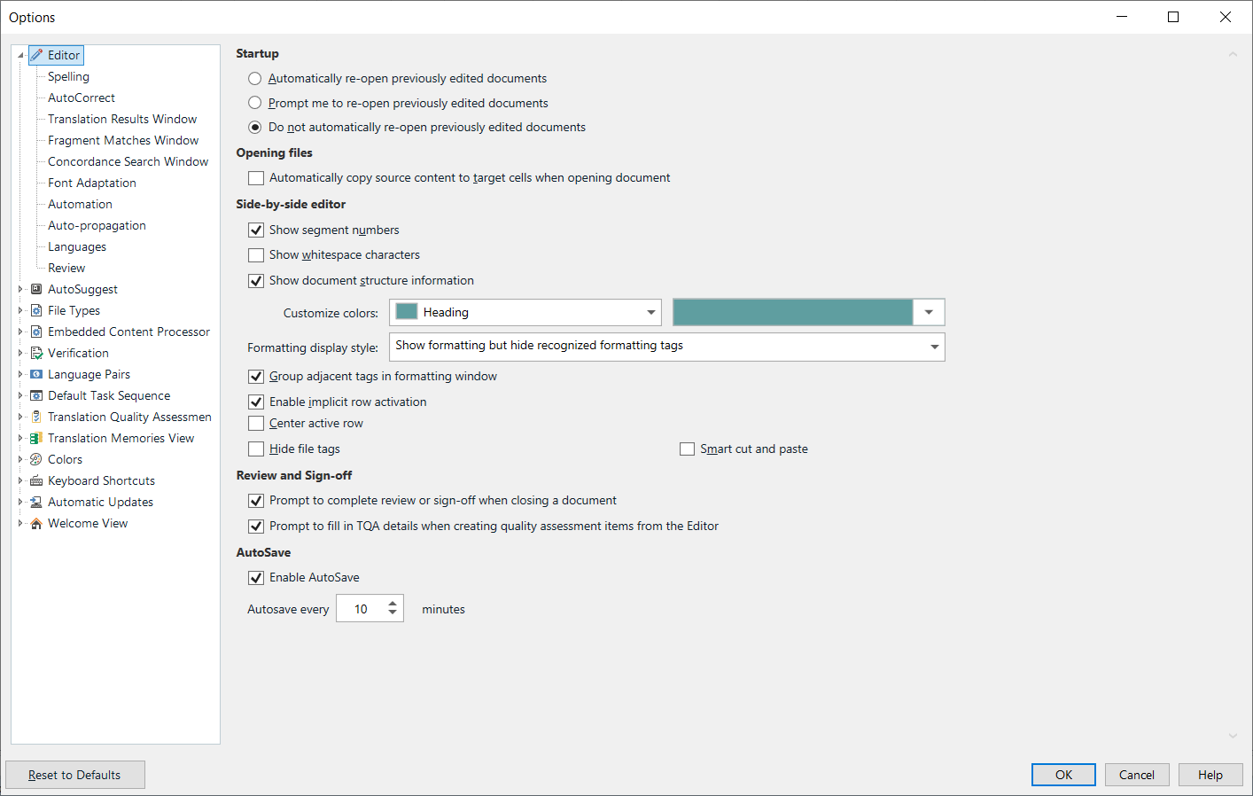 Trados Studio Options window showing Editor settings with various checkboxes for Startup, Opening files, Side-by-side editor, and Review and Sign-off.