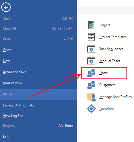 Trados Studio screenshot showing the File menu expanded with an arrow pointing to the 'Users' option under 'Setup', highlighted with a red box.