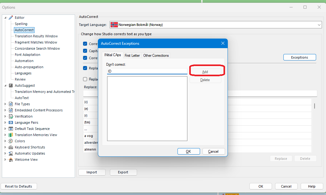 Trados Studio AutoCorrect Exceptions window with 'ID' entered in 'Dont correct:' field and the 'Add' button disabled, highlighted in red.