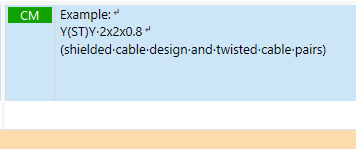 Screenshot of Trados Studio showing a segment with a CM label and text 'Example: Y(ST)Y 2x2x0.8 (shielded cable design and twisted cable pairs)' with a glowy pinkish color indicating a non-matching segment.