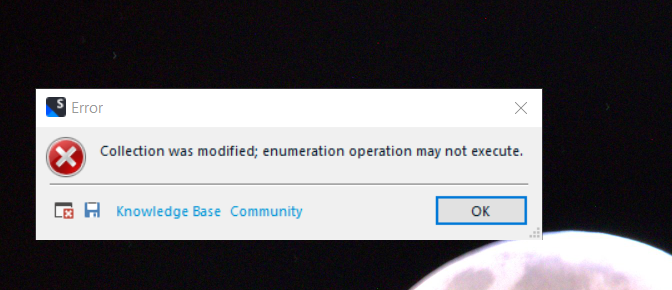 Error dialog box with message: Collection was modified; enumeration operation may not execute. Buttons for Knowledge Base and Community are present, along with an OK button.
