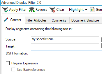 Trados Studio Advanced Display Filter 2.0 interface with 'Apply Filter' button highlighted. Text 'my specific term' entered in the Source field with Target and DSI Information fields empty.
