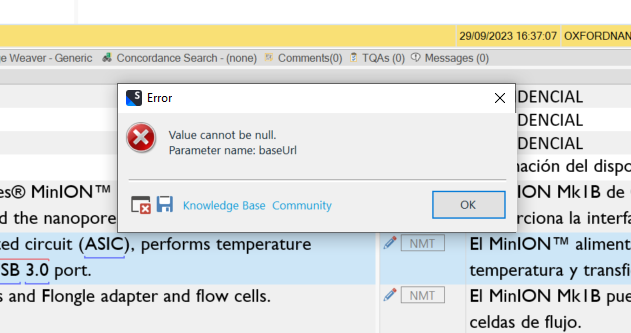 Trados Studio error message popup saying 'Value cannot be null. Parameter name: baseUrl' with an 'OK' button and links to Knowledge Base and Community.