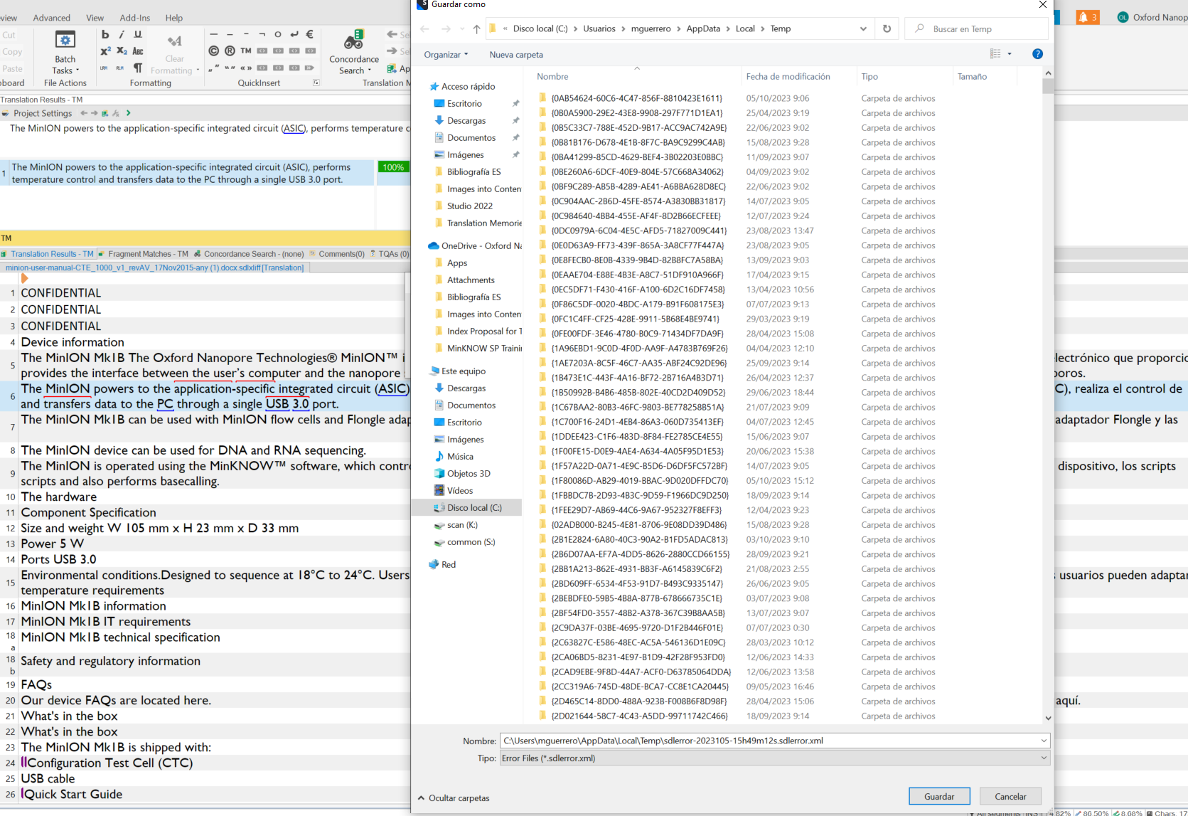 Screenshot of Trados Studio software with an error message indicating a crash. The Notifications panel is closed and a long error stack is partially visible in a separate window. The user's file explorer is open, showing multiple error files with the extension '.sdlerror.xml'.