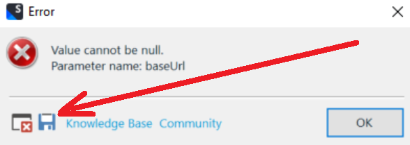 Error dialog box in Trados Studio with a red cross icon, displaying the message 'Value cannot be null. Parameter name: baseUrl'. An arrow points to a floppy disk icon labeled 'Knowledge Base'.