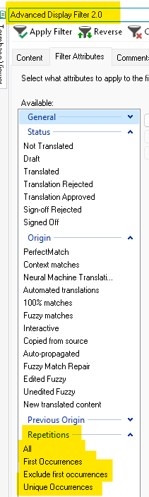 Trados Studio Advanced Display Filter 2.0 dialog box showing filter options such as Status with 'Not Translated' and 'Draft', and Origin with 'PerfectMatch' and 'Context matches'. 'Repetitions' is highlighted under Previous Origin section.