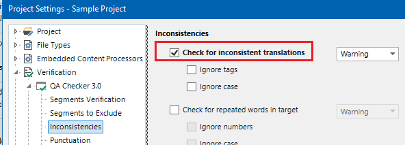 Trados Studio Project Settings window showing 'Inconsistencies' section with 'Check for inconsistent translations' option checked and marked as a warning.