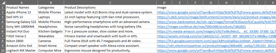 Excel spreadsheet with columns for Product Names, Categories, Product Descriptions, and Image links, showing entries for Apple iPhone 13, Dell XPS 13, and other products.