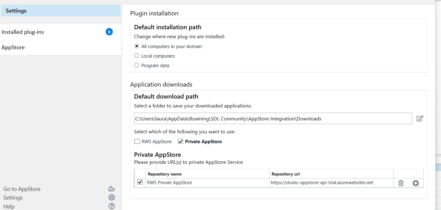 Trados Studio settings showing Plugin installation options with 'Default installation path' and 'Application downloads' sections. 'Private AppStore' is selected with a repository URL provided.