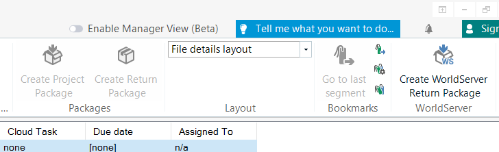 Trados Studio interface showing options for 'Create Project Package' and 'Create Return Package' with 'Create WorldServer Return Package' greyed out indicating it is not selectable.