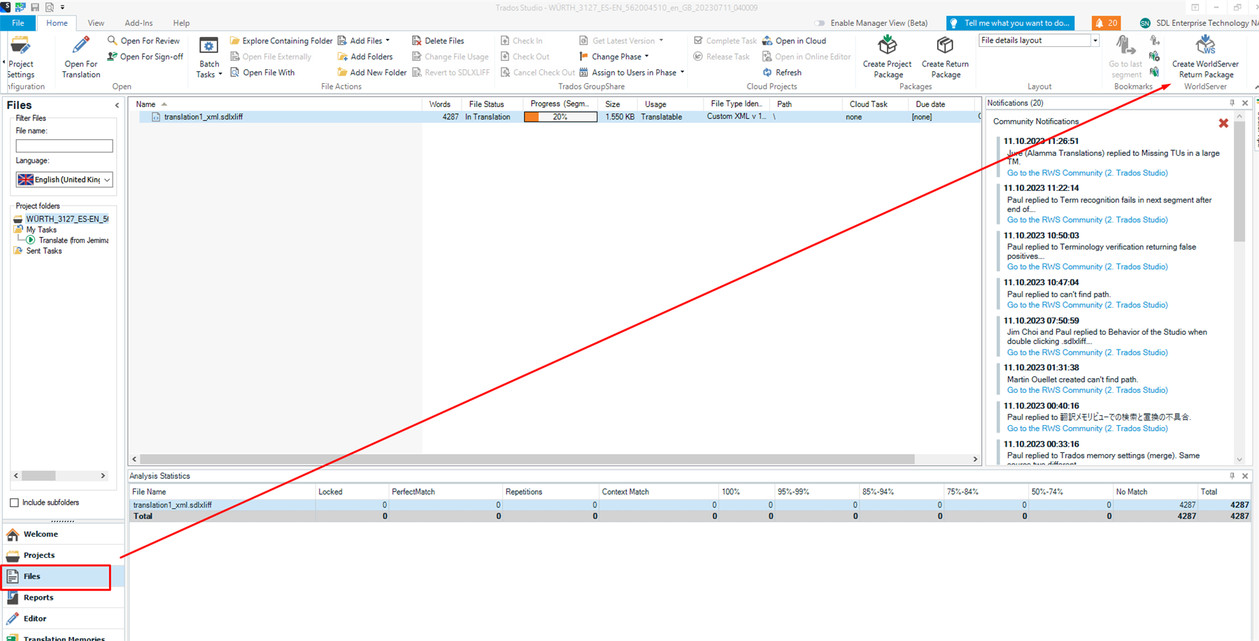 Screenshot of Trados Studio with the Files tab open, showing the missing 'Open WorldServer Package' button in the toolbar.