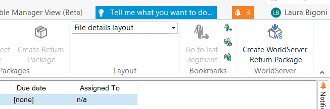 Trados Studio interface with a notification icon showing 3 alerts. The 'File details layout' dropdown is visible with no errors indicated.
