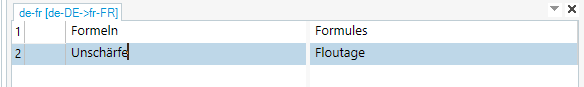 Screenshot of Trados Studio showing a translation segment with the source language 'de-DE' and target language 'fr-FR'. The first row contains the words 'Formeln' and 'Formules', and the second row shows 'Unscharfe' and 'Floutage'.