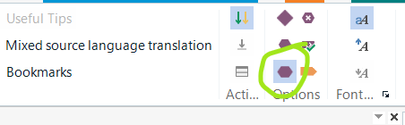 Screenshot of Trados Studio showing the 'View' tab with the 'Options' button highlighted by a green circle.