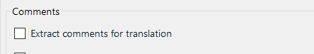 Trados Studio 2021 screenshot showing the 'Comments' section with an unchecked option 'Extract comments for translation'.