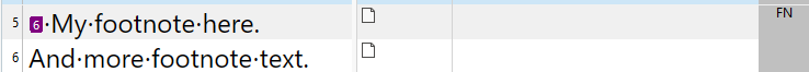 Screenshot of Trados Studio showing two segments of text labeled as footnotes with the 'FN' descriptor in the Document Structure Information column.