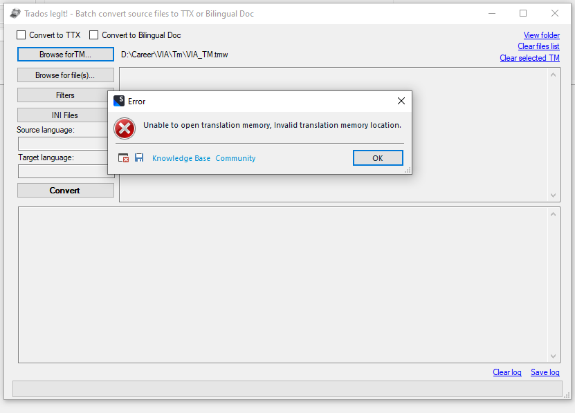 Error message in Trados Legit stating 'Unable to open translation memory, Invalid translation memory location.'