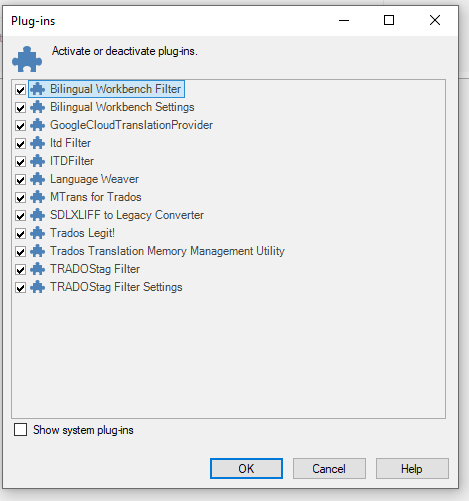 Trados Studio Plug-ins window showing a list of installed plug-ins, including Trados Legit and SDLXLIFF to Legacy Converter.