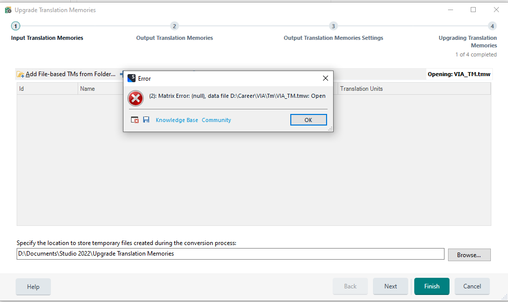 Error message in Upgrade Translation Memories window showing 'Matrix Error: (null), data file D:CareerVIATmVIA_TM.mtw: Open'.