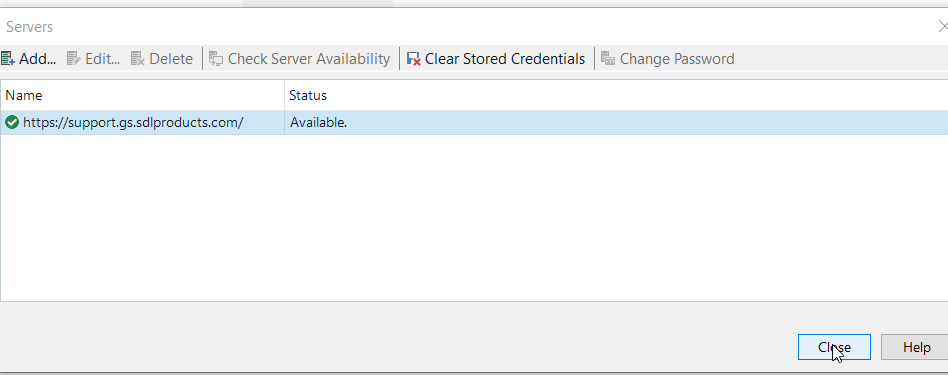 Trados Studio Servers window showing one server 'https:support.gs.sdlproducts.com' with status 'Available'. Options to Add, Edit, Delete, Check Server Availability, Clear Stored Credentials, and Change Password are visible. Close and Help buttons are at the bottom.