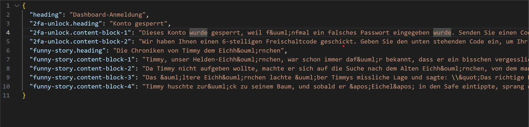 Screenshot of a JSON file opened in Trados Studio with visible encoding issues, showing HTML character entities like 'ü' instead of the expected characters.
