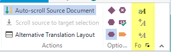 Close-up of Trados Studio interface showing icons for auto-scroll source document, alternative translation layout, and other editing options.