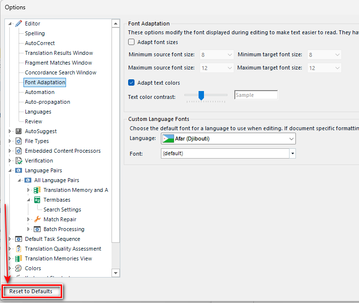 Trados Studio options menu with 'Font Adaptation' selected, showing settings for minimum and maximum font sizes, text color adaptation, and a 'Reset to Defaults' button.