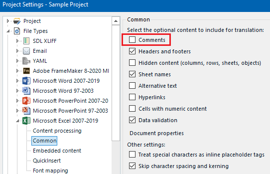 Trados Studio Project Settings window showing File Types expanded with various formats listed and Common section with 'Comments' checkbox unchecked.