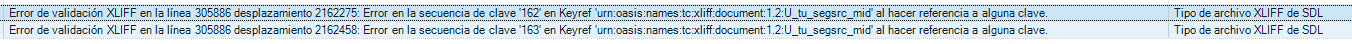 Screenshot of Trados Studio displaying XLIFF validation errors on line 305886 with details about key sequence errors in the file.
