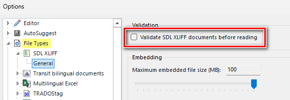 Trados Studio Options window showing File Types settings with a red box highlighting the unchecked option 'Validate SDL XLIFF documents before reading'.
